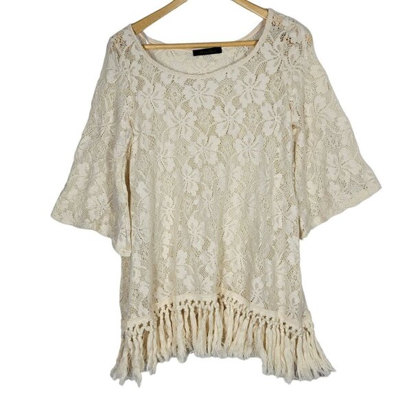 Honey Punch Women's 3/4 Flare Sleeve Lace Fringed Boho/Gypsy/Hippie Top Sz M - Picture 1 of 11